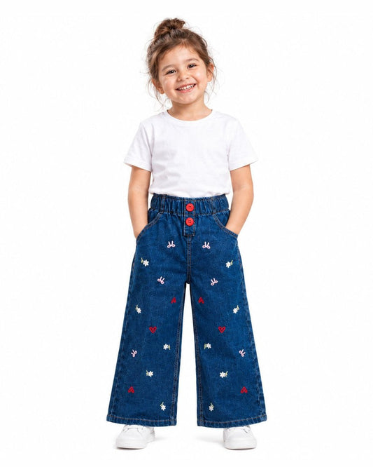 Girls Embroidered Wide-Leg Denim Pant