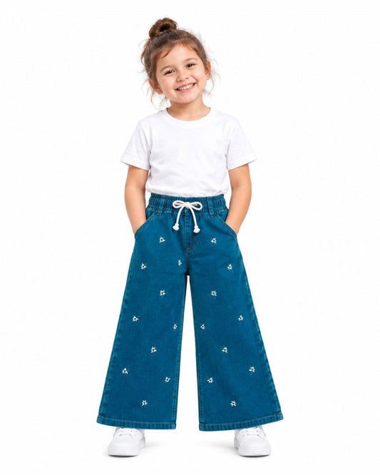 Little Flower Embroidered Wide-Leg Denim Pants