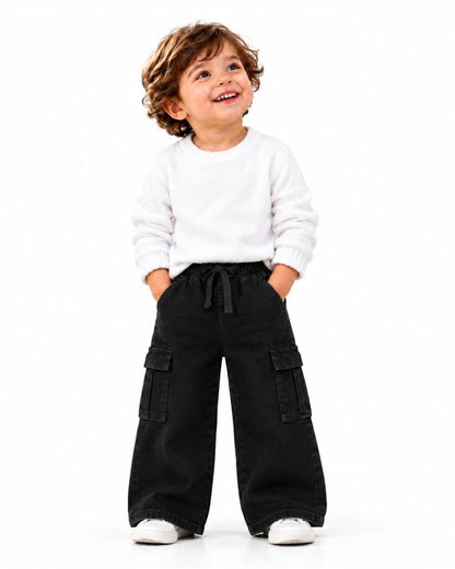 Unisex Black Cargo Wide-Leg Denim Pants