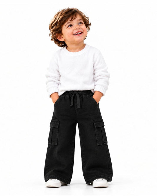 Unisex Black Cargo Wide-Leg Denim Pants