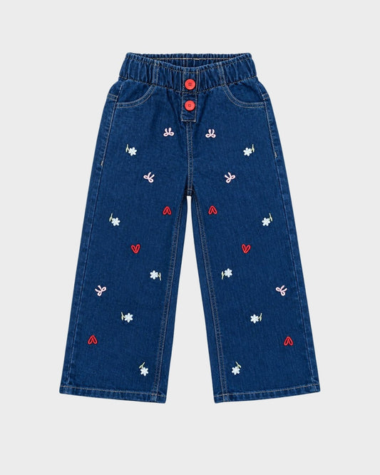 Girls Embroidered Wide-Leg Denim Pant