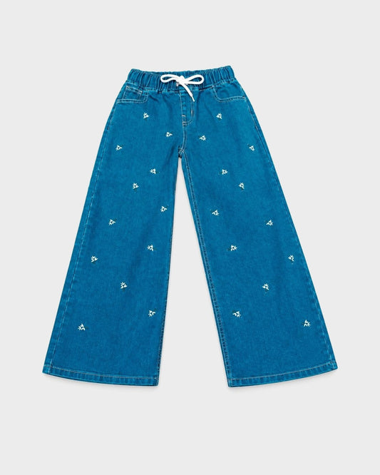 Little Flower Embroidered Wide-Leg Denim Pants