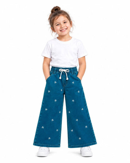 Little Flower Embroidered Wide-Leg Denim Pants