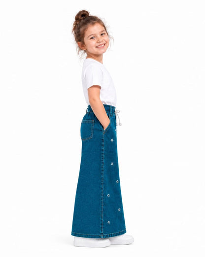 Little Flower Embroidered Wide-Leg Denim Pants