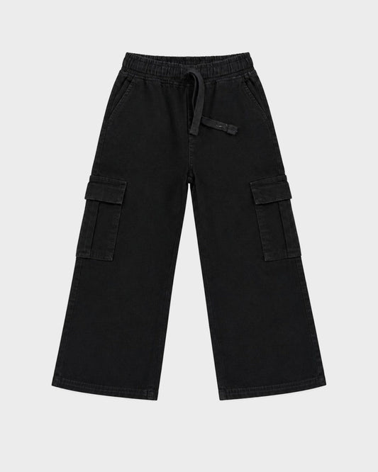 Unisex Black Cargo Wide-Leg Denim Pants