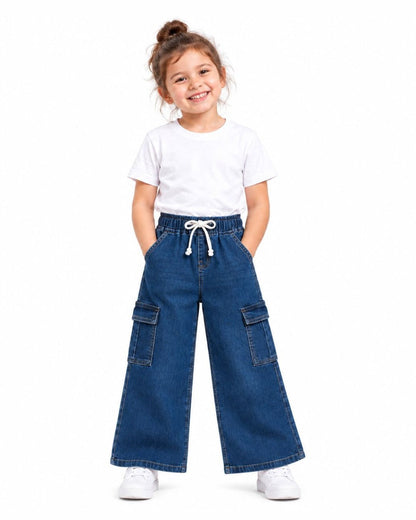 Unisex cargo wide-leg denim pants worn by a girl