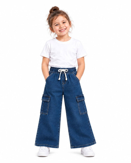 Unisex cargo wide-leg denim pants worn by a girl