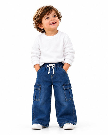 Unisex cargo wide-leg denim pants worn by a boy